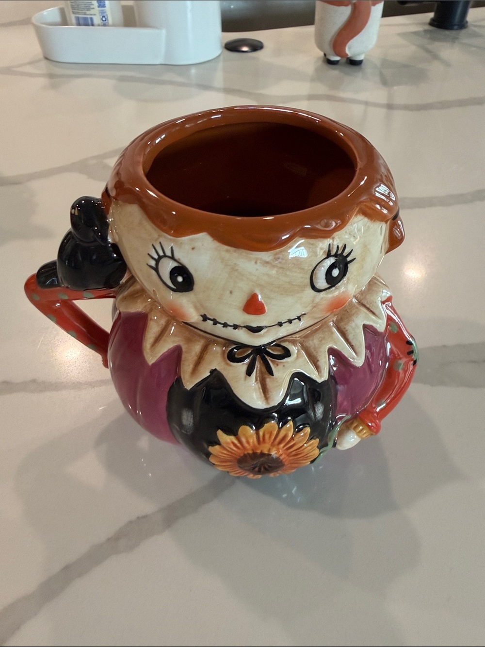 Hand-Painted Ceramic Scarecrow Pitcher in Orange, Black & Cream